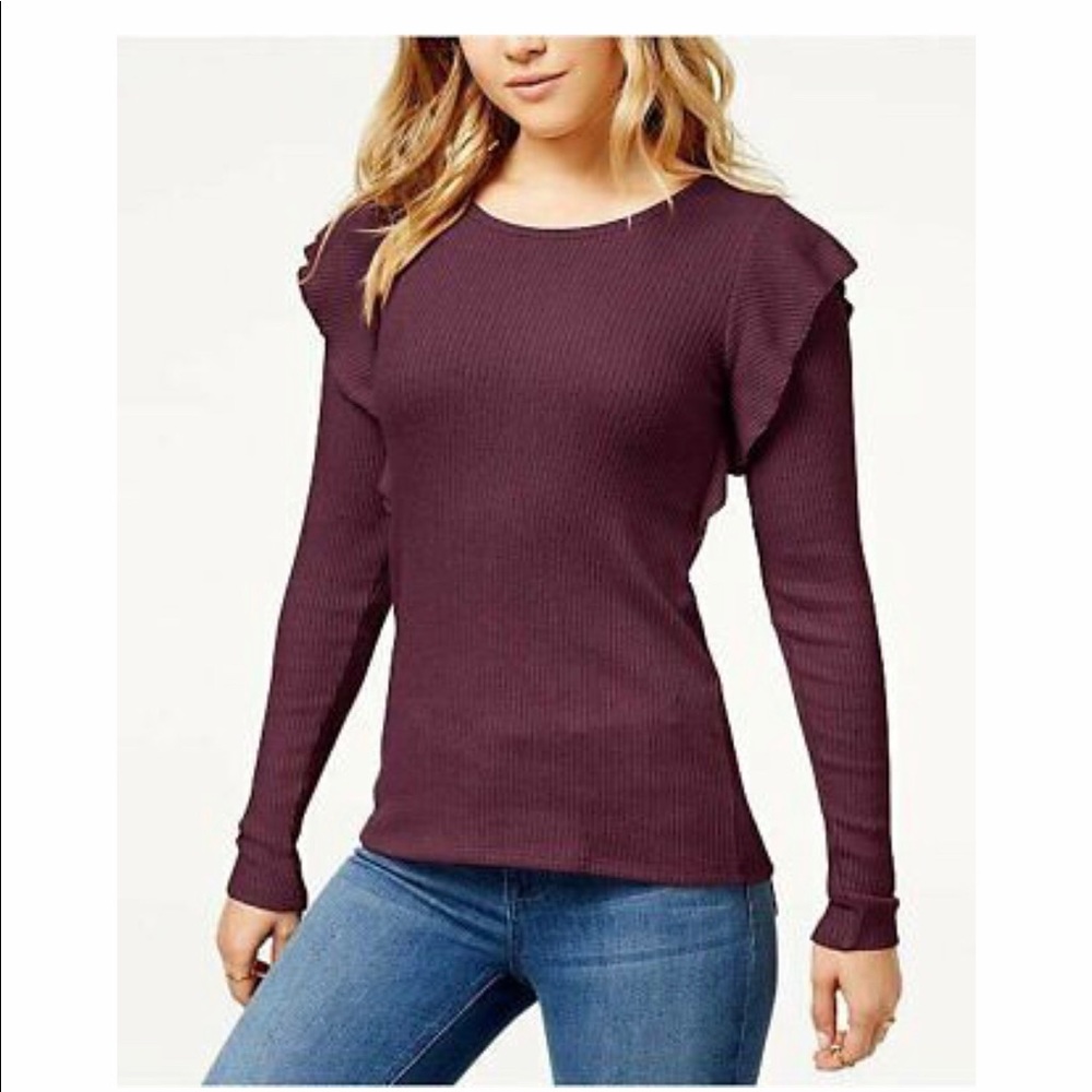 Lucky Brand Ribbed Ruffle Long Sleeve Top LB19